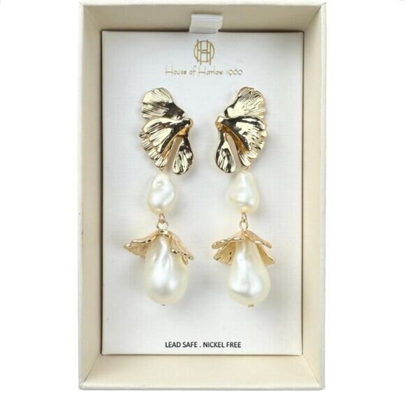 NWT HOUSE OF HARLOW 1960 Gold Tone Leaf Faux Pearl Dangle Drop Earrings - Picture 2 of 7